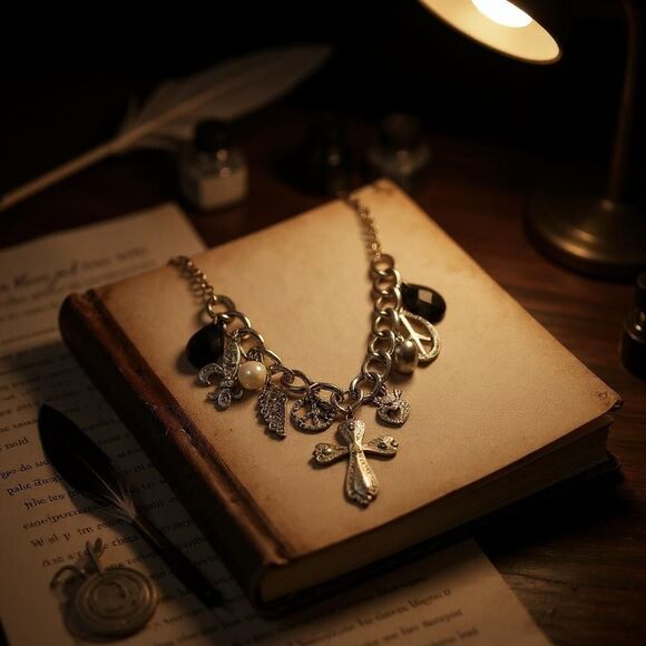 Gothic Charm Necklace Cross Heart Peace Fleur-de-Lis Boho Punk Statement - Picture 2 of 5